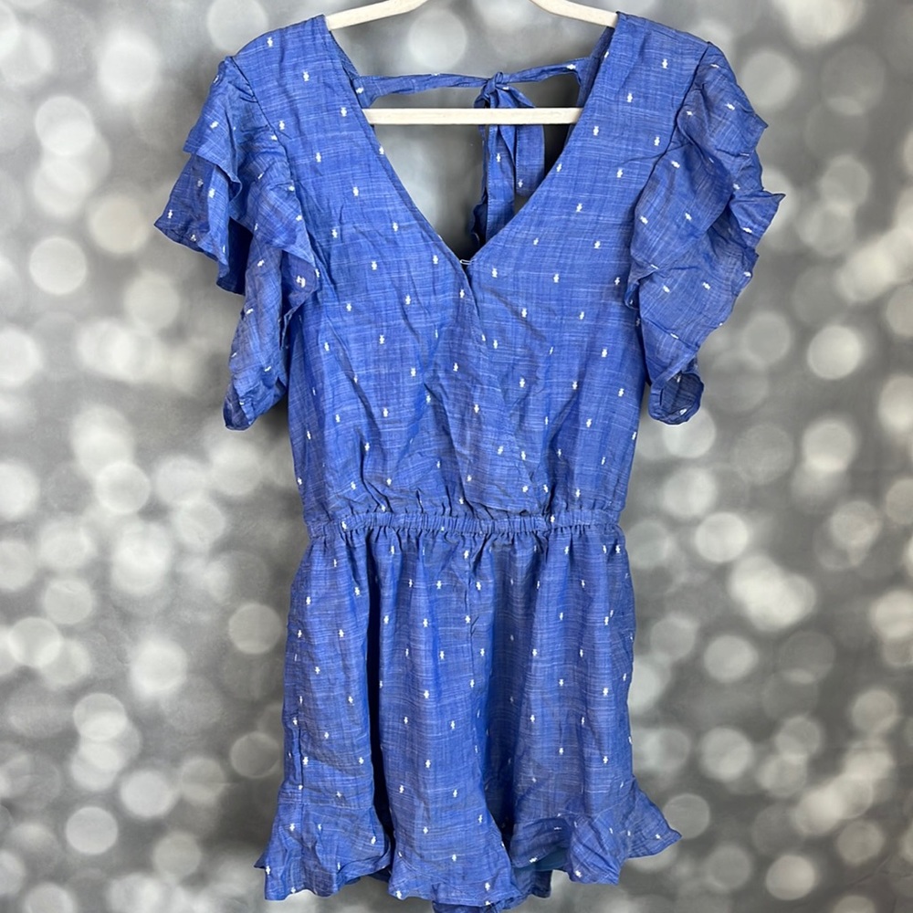 American Eagle Outfitters women’s blue Chambray ruffle romper. Size Small